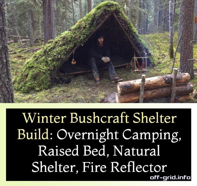 Winter Bushcraft Shelter Build - Overnight Camping, Raised Bed, Natural Shelter, Fire Reflector